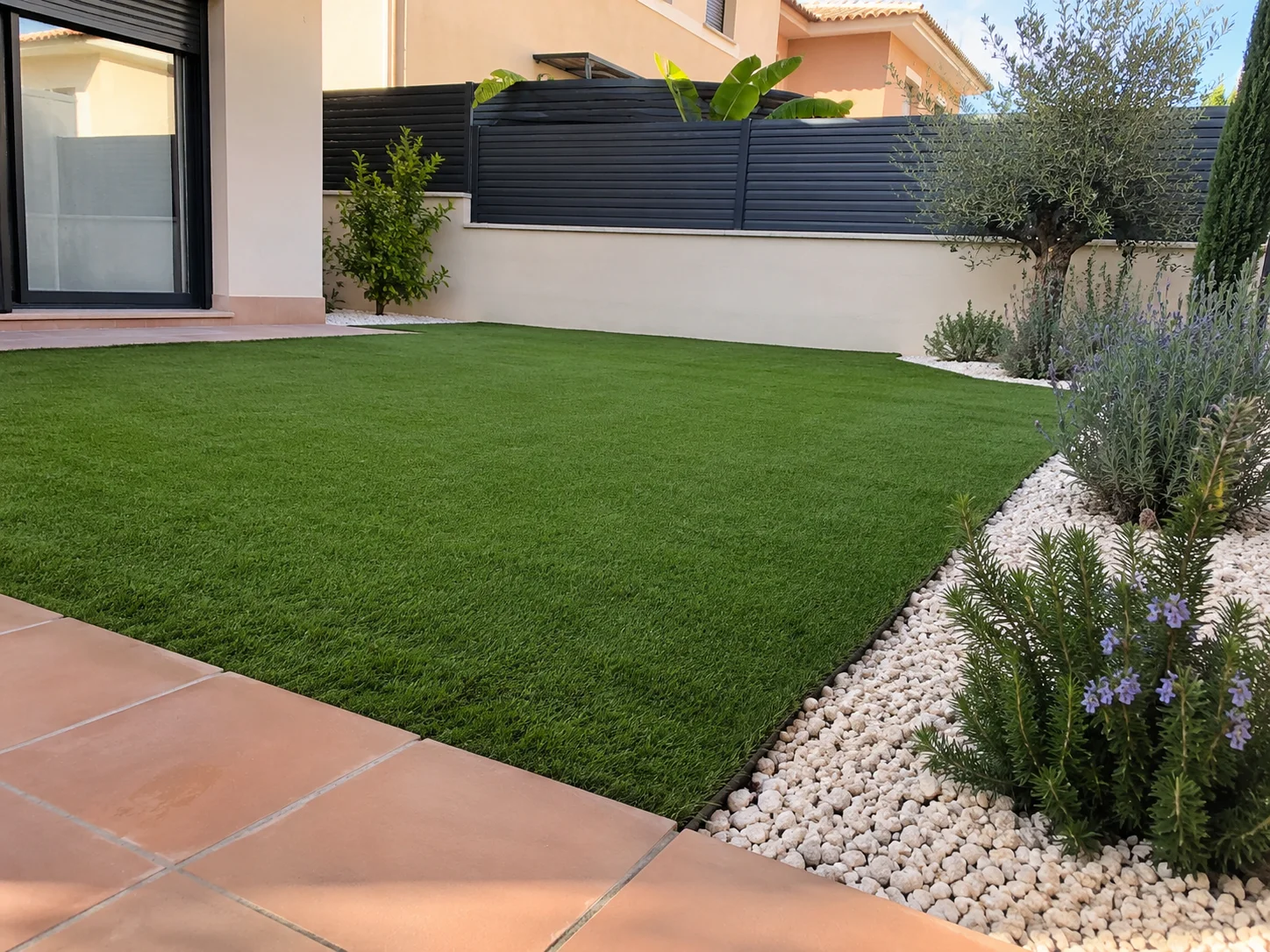 Jardín geométrico con césped artificial, grava blanca y vegetación